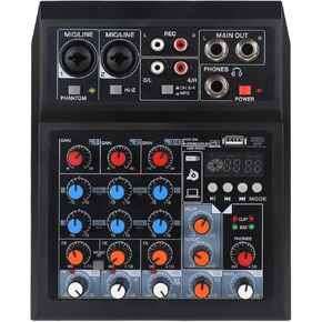 4 Channel Audio Mixer, DJ Mixers Sound Board with Bluetooth, Sound Mixer Board XRL/1/4" Interface, USB/MP3 Computer Input 48V Phantom Power Stereo Studio Streaming KTV Stage