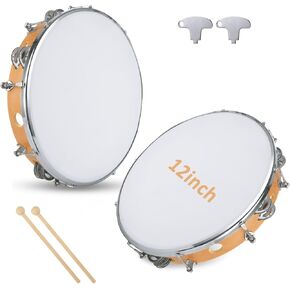 SHUESS Tambourine 12 Inch Tambourine for Adults, Hand Held Wood Tambourine with Double Row Jingle Metal Jingles Musical Instrument Tambourine for Church Party KTV