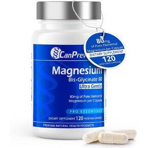 CanPrev - Magnesium Biglycinate Chelated 80 mg Ultra Gentle 120 Caps - Muscle Health, Bone Health and Cramp Relief- 3rd Party Tested - Formulated & Made in Canada