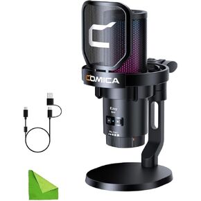 comica USB Microphone for Computer and Smartphone,RGB Cardioid Condenser Gaming Mic for Podcasting,Streaming,Recording,with Desktop Stand-Black (EJoy Uni D)