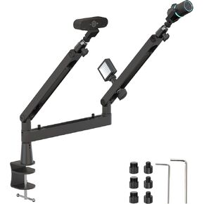 Low Profile Mic Arm 3-in-1 Boom Arm Microphone Desk Stand with Extension Arm, Webcam Adapter, Clamp Mount, Cable Management, Screw Adapter - Perfect for Podcast, Streaming, Black, BA001