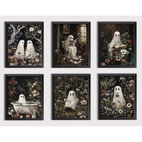 Vintage Landscape Gallery Wall Art, Country Landscape Painting Funny Ghost 5-Piece Print Set, Farmhouse Halloween Decoration Paintings, Natural Landscape Room Aesthetic Canvas Wall Art Poster,