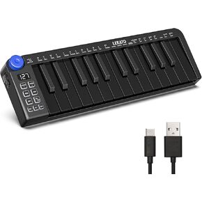 LEKATO 25 Key MIDI Keyboard, Mini MIDI Controller USB Bluetooth MIDI Keyboard with Velocity-Sensitive Mini Keys, 360 Knob and Music Production, Small MIDI Keyboard, Rechargeable Portable