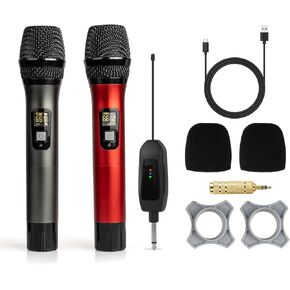 Wireless Microphone UHF Metal Dual Handheld Mic with Rechargeable Receiver 200ft Range, Microphone for Singing, Karaoke, Church, Speech, Wedding, Party Singing(Red,Grey)