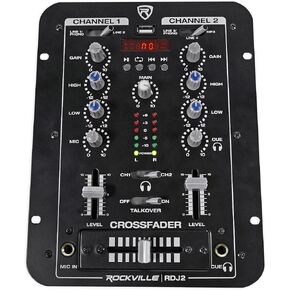 Rockville 2 Channel DJ Mixer with USB, Cue Monitor, Talkover, 4 Line Inputs (RDJ2)