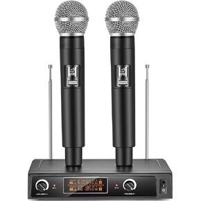 Wireless Microphone, Dual Wireless Handheld Microphone System, HD Sound Quality, Dynamic Microphone for Singing Karaoke, Speaker, Conferences, Wedding, Church, 200 ft