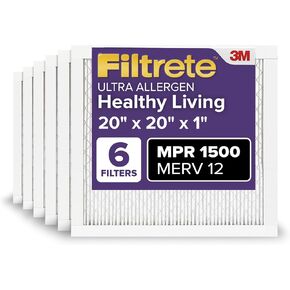 Filtrete 20x20x1 AC Furnace Air Filter, MERV 12, MPR 1500, CERTIFIED asthma & allergy friendly, 3 Month Pleated 1-Inch Electrostatic Air Cleaning Filter, 6-Pack (Actual Size 19.69x19.69x0.78 in)
