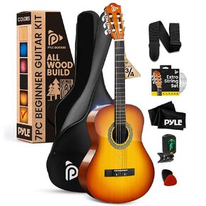 Pyle Beginner Acoustic Guitar Kit, 3/4 Junior Size All Wood Instrument for Kids, Adults, 36" Western Sunset
