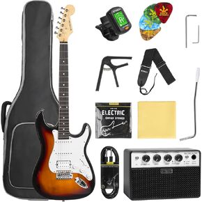 STRICH Electric Guitar Beginner Kit, Solid Body 39" Full Size Electric Guitar HSS Pick Up for Starter, with 10W Amp, Bag, Digital Tuner, Capo, Strap, String,Cable, Picks, SST-S20 Sunburst