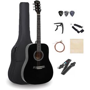 41-inch Beginner Acoustic Guitar Package, Basic Starter Kit w/Gig Bag, Strings, Strap, Pitch Pipe, Picks (Black)