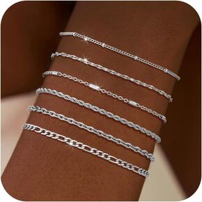 6 Pcs Silver Bracelet for Men 316L Stainless Steel Cuban Bracelet for Men Rope Figaro Snake Wheat Foxtail Chain Bracelets Set 7.5"/8.0"/8.5" Men Jewelry Gifts for Dad Boy Friend Husband