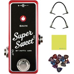 XOTIC Super Sweet Booster Preamp Pedal Bundle w/ 2-Pack Strukture S6P48 Woven Right Angle Patch Cable, 12-Pack Guitar Pick and Liquid Audio Polishing Cloth