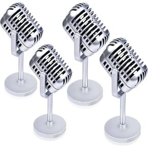 ZUOLUN Retro Microphone, 4 Pcs Vintage Microphone, Prop Microphone with Stand Model, Vintage Plastic Microphone, Vintage Microphone Toy for Party Role Play Stage Table Decorations (Silver)