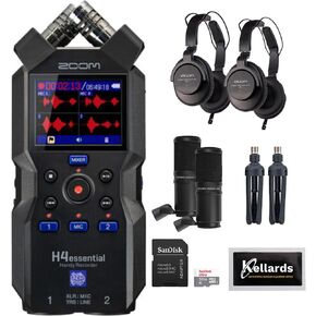 مجموعة مسجل الصوت المحمول Zoom H4essential 4-Track 32-Bit Float مع 2 حزمة Zoom ZDM-1 Podcast Mic Pack، وبطاقة ذاكرة microSDHC سعة 16 جيجابايت، وحزمة تنظيف Kellards