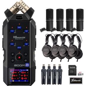 مجموعة مسجل الصوت المحمول Zoom H6essential 6-Track 32-Bit Float مع 4 عبوات Zoom ZDM-1 Podcast Mic Pack، وبطاقة ذاكرة Ultra UHS-I microSDHC سعة 32 جيجابايت، وحزمة تنظيف Kellards