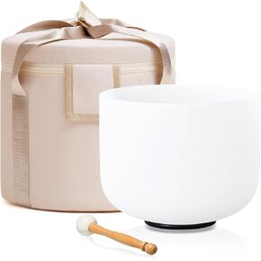 432HZ 7 Inch F Note Heart Chakra Frosted Quartz Crystal Singing Bowl Meditation Therapy Sound Healing Bowl with Mallet O-ring and White Carry Bag