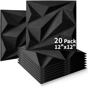 Art3dwallpanels Acoustic Panels with Tape 20 Pack Soundproof Wall Panels Acoustic Foam Panels Sound Dampening Panels, 3D Wall Panels Sound Absorbing Panels, 12" X 12", Black