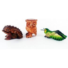 Guiro and Percussion Instruments animal Group Wooden 3 Pieces includes 3 Inch Wooden Frog, 4 Inch Wooden Cricket and 3.5 Inches Wooden Owls.