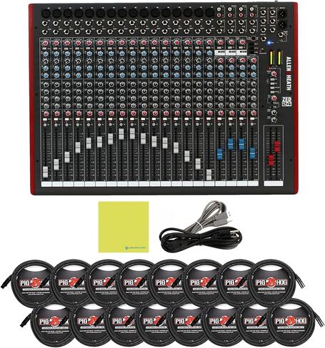 حزمة خلاط Allen & Heath Zed-24 متعددة الأغراض مع 16 حزمة من كابل ميكروفون Pig Hog PHM15 8 مم وقطعة قماش لتلميع الصوت السائل in Kuwait