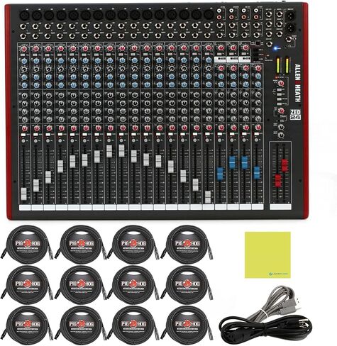 حزمة خلاط Allen & Heath Zed-24 متعددة الأغراض مع 16 حزمة من كابل ميكروفون Pig Hog PHM15 8 مم وقطعة قماش لتلميع الصوت السائل in Kuwait