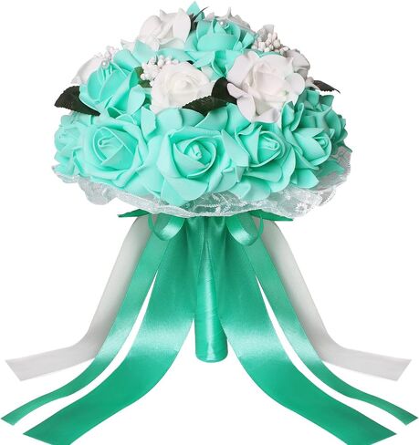 Vlovelife Wedding Bouquet for Bride, 8 x 8 x 11 inch Artificial Purple Flower for Wedding, White & Lavender Artificial Foam Rose Flower, Handmade Bouquet for Bridesmaids in Saudi Arabia