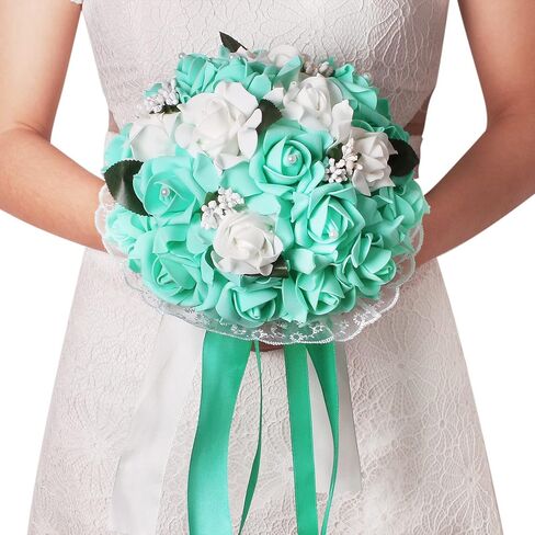 Vlovelife Wedding Bouquet for Bride, 8 x 8 x 11 inch Artificial Purple Flower for Wedding, White & Lavender Artificial Foam Rose Flower, Handmade Bouquet for Bridesmaids in Saudi Arabia