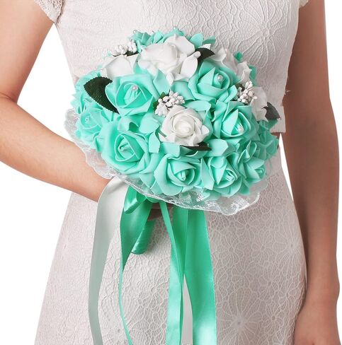 Vlovelife Wedding Bouquet for Bride, 8 x 8 x 11 inch Artificial Purple Flower for Wedding, White & Lavender Artificial Foam Rose Flower, Handmade Bouquet for Bridesmaids in Saudi Arabia