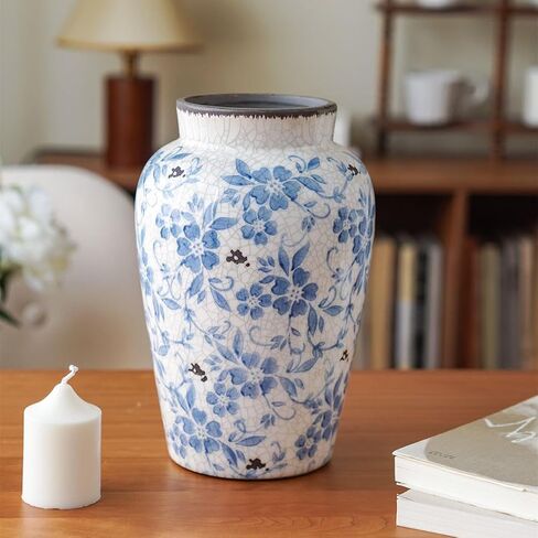 Blue and White Ceramic Flower Vase, French Decor, for Living Spaces, Various Rooms in Saudi Arabia