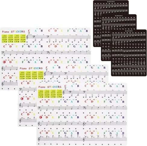 3 مجموعات من ملصقات لوحة مفاتيح البيانو لمفتاح 88/61/49/37، حروف لوحة مفاتيح البيانو قابلة للإزالة، ملصقات ملاحظات لوحة مفاتيح البيانو للمبتدئين (اللون + أسود) in Kuwait