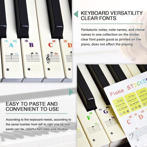 3 مجموعات من ملصقات لوحة مفاتيح البيانو لمفتاح 88/61/49/37، حروف لوحة مفاتيح البيانو قابلة للإزالة، ملصقات ملاحظات لوحة مفاتيح البيانو للمبتدئين (اللون + أسود) in Kuwait