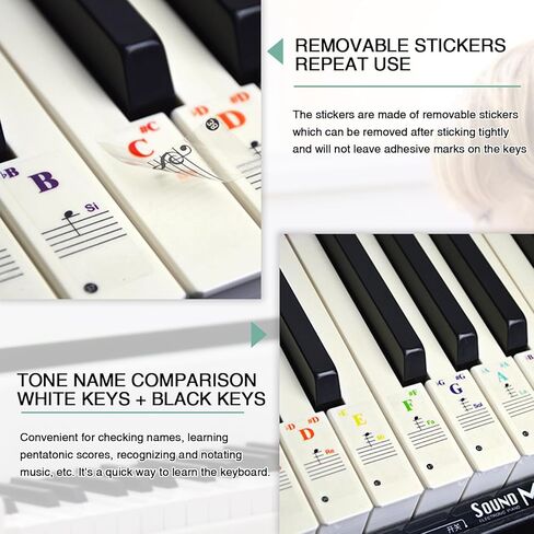 3 مجموعات من ملصقات لوحة مفاتيح البيانو لمفتاح 88/61/49/37، حروف لوحة مفاتيح البيانو قابلة للإزالة، ملصقات ملاحظات لوحة مفاتيح البيانو للمبتدئين (اللون + أسود) in Kuwait