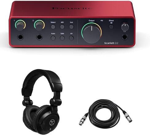 Scarlett 2i2 واجهة USB من الجيل الرابع مع مجموعة برامج، حزمة مع سماعات رأس TAPH100 ​​وكابل ميكروفون XLR مقاس 25 بوصة in Kuwait