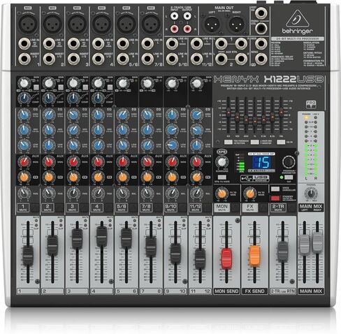 خلاط Behringer XENYX X1222USB Premium 12 مدخل 2/2-Bus مع مضخمات وضواغط ميكروفون XENYX، EQs البريطانية - مع 2 حزمة من كابلات ميكروفون XLR مقاس 15 بوصة 8 مم in Kuwait