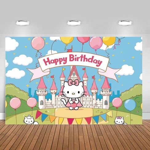 Pink Castle and Cute Pink Cat Backdrop Birthday Decorations, Pink Castle and Pink Cat Birthday Party Background Baby or Girl Birthday Banner Birthday Party Supplies (5x3ft) in Saudi Arabia