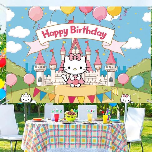 Pink Castle and Cute Pink Cat Backdrop Birthday Decorations, Pink Castle and Pink Cat Birthday Party Background Baby or Girl Birthday Banner Birthday Party Supplies (5x3ft) in Saudi Arabia