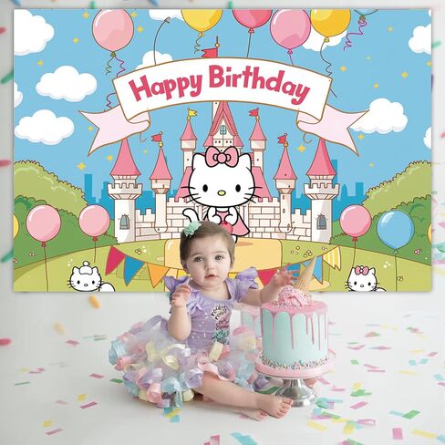 Pink Castle and Cute Pink Cat Backdrop Birthday Decorations, Pink Castle and Pink Cat Birthday Party Background Baby or Girl Birthday Banner Birthday Party Supplies (5x3ft) in Saudi Arabia