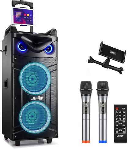 Moukey Karaoke Machine, Wood Pattern 10" Woofer Portable PA System, Bluetooth Speaker with 2 Wireless Microphones, Tablet Holder & Party Lights, Echo/Treble/Bass Adjustment Support REC/AUX/USB/TF in Saudi Arabia