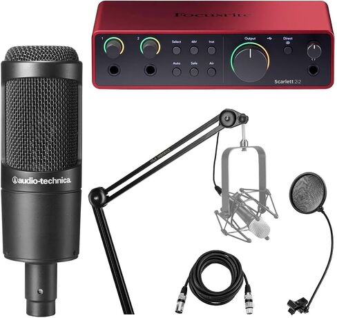 ميكروفون ذو عنوان جانبي بمكثف قلبي من Audio-Technica AT2035، استجابة تردد 20 هرتز إلى 20 كيلو هرتز، حزمة مع واجهة صوت USB Focusrite Scarlett 2i2 2x2، ذراع بوم مع كابل XLR، والمزيد in Saudi Arabia