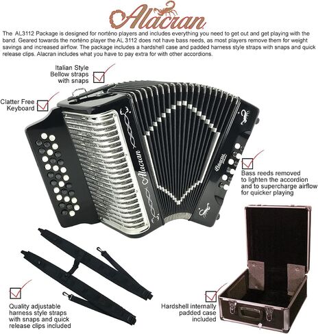 حزمة Alacran AL3112 Accordion: 31 زرًا، 12 Bass Accordion مع علبة صلبة وأشرطة قابلة للتعديل (Fa/FBE، أسود لامع) in Kuwait