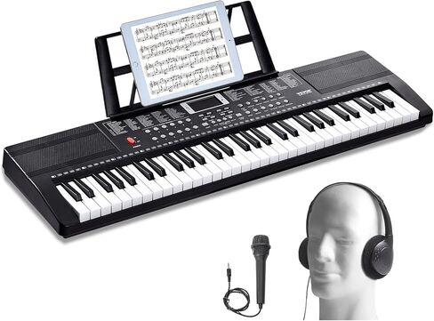 VEVOR 61 Key Digital Keyboard Piano, 200 Tones 200 Rhythms, Electric Portable Piano Keyboard Kit with 60 Demo Songs Built-In Dual Speakers Headphones Microphone, Piano Stickers for Beginners Learning in Saudi Arabia