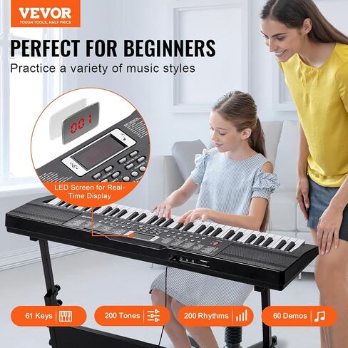 VEVOR 61 Key Digital Keyboard Piano, 200 Tones 200 Rhythms, Electric Portable Piano Keyboard Kit with 60 Demo Songs Built-In Dual Speakers Headphones Microphone, Piano Stickers for Beginners Learning in Saudi Arabia