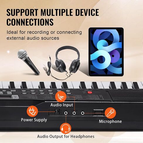 VEVOR 61 Key Digital Keyboard Piano, 200 Tones 200 Rhythms, Electric Portable Piano Keyboard Kit with 60 Demo Songs Built-In Dual Speakers Headphones Microphone, Piano Stickers for Beginners Learning in Saudi Arabia