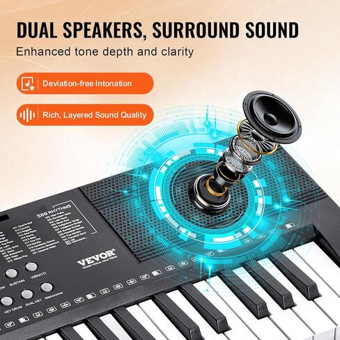 VEVOR 61 Key Digital Keyboard Piano, 200 Tones 200 Rhythms, Electric Portable Piano Keyboard Kit with 60 Demo Songs Built-In Dual Speakers Headphones Microphone, Piano Stickers for Beginners Learning in Saudi Arabia