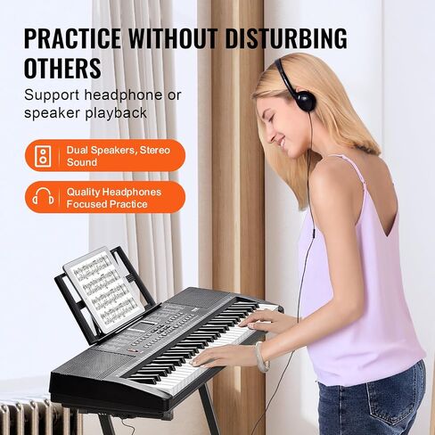 VEVOR 61 Key Digital Keyboard Piano, 200 Tones 200 Rhythms, Electric Portable Piano Keyboard Kit with 60 Demo Songs Built-In Dual Speakers Headphones Microphone, Piano Stickers for Beginners Learning in Saudi Arabia