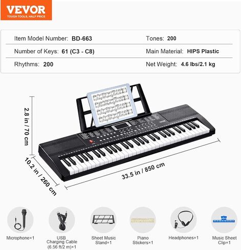 VEVOR 61 Key Digital Keyboard Piano, 200 Tones 200 Rhythms, Electric Portable Piano Keyboard Kit with 60 Demo Songs Built-In Dual Speakers Headphones Microphone, Piano Stickers for Beginners Learning in Saudi Arabia