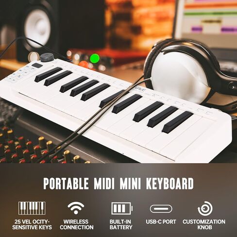 وحدة تحكم لوحة مفاتيح USB MIDI مكونة من 25 مفتاحًا، وحدة تحكم MIDI مع مفاتيح توليف استجابة بلوتوث لأجهزة Mac والكمبيوتر الشخصي، عناصر تحكم قابلة للتخصيص، عجلات تعديل، أبيض in Kuwait
