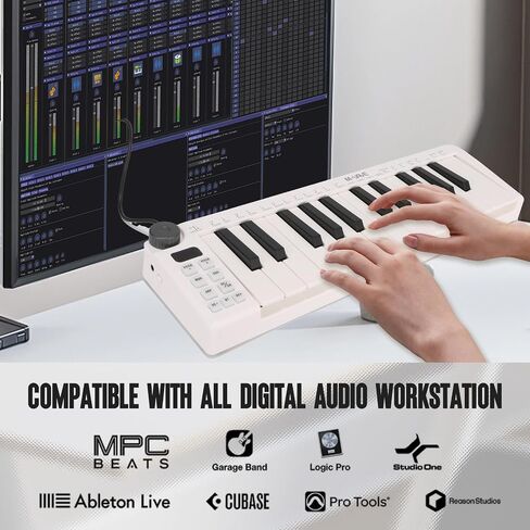 وحدة تحكم لوحة مفاتيح USB MIDI مكونة من 25 مفتاحًا، وحدة تحكم MIDI مع مفاتيح توليف استجابة بلوتوث لأجهزة Mac والكمبيوتر الشخصي، عناصر تحكم قابلة للتخصيص، عجلات تعديل، أبيض in Kuwait