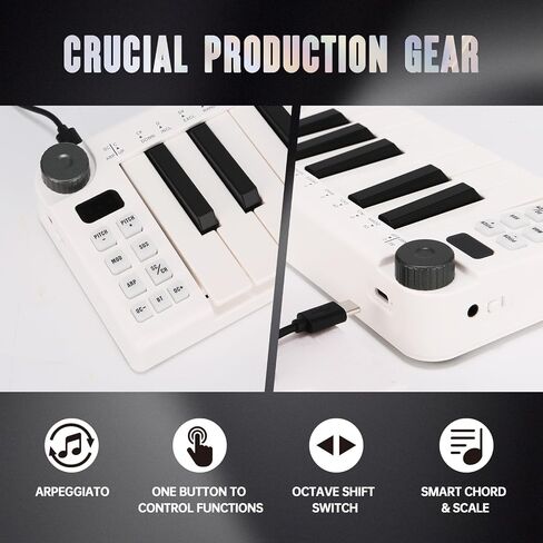 وحدة تحكم لوحة مفاتيح USB MIDI مكونة من 25 مفتاحًا، وحدة تحكم MIDI مع مفاتيح توليف استجابة بلوتوث لأجهزة Mac والكمبيوتر الشخصي، عناصر تحكم قابلة للتخصيص، عجلات تعديل، أبيض in Kuwait