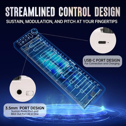 وحدة تحكم لوحة مفاتيح USB MIDI مكونة من 25 مفتاحًا، وحدة تحكم MIDI مع مفاتيح توليف استجابة بلوتوث لأجهزة Mac والكمبيوتر الشخصي، عناصر تحكم قابلة للتخصيص، عجلات تعديل، أبيض in Kuwait
