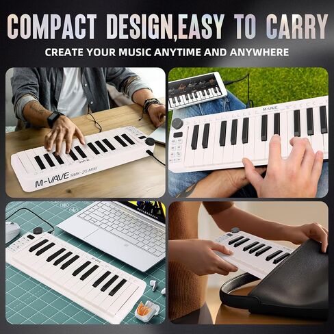 وحدة تحكم لوحة مفاتيح USB MIDI مكونة من 25 مفتاحًا، وحدة تحكم MIDI مع مفاتيح توليف استجابة بلوتوث لأجهزة Mac والكمبيوتر الشخصي، عناصر تحكم قابلة للتخصيص، عجلات تعديل، أبيض in Kuwait